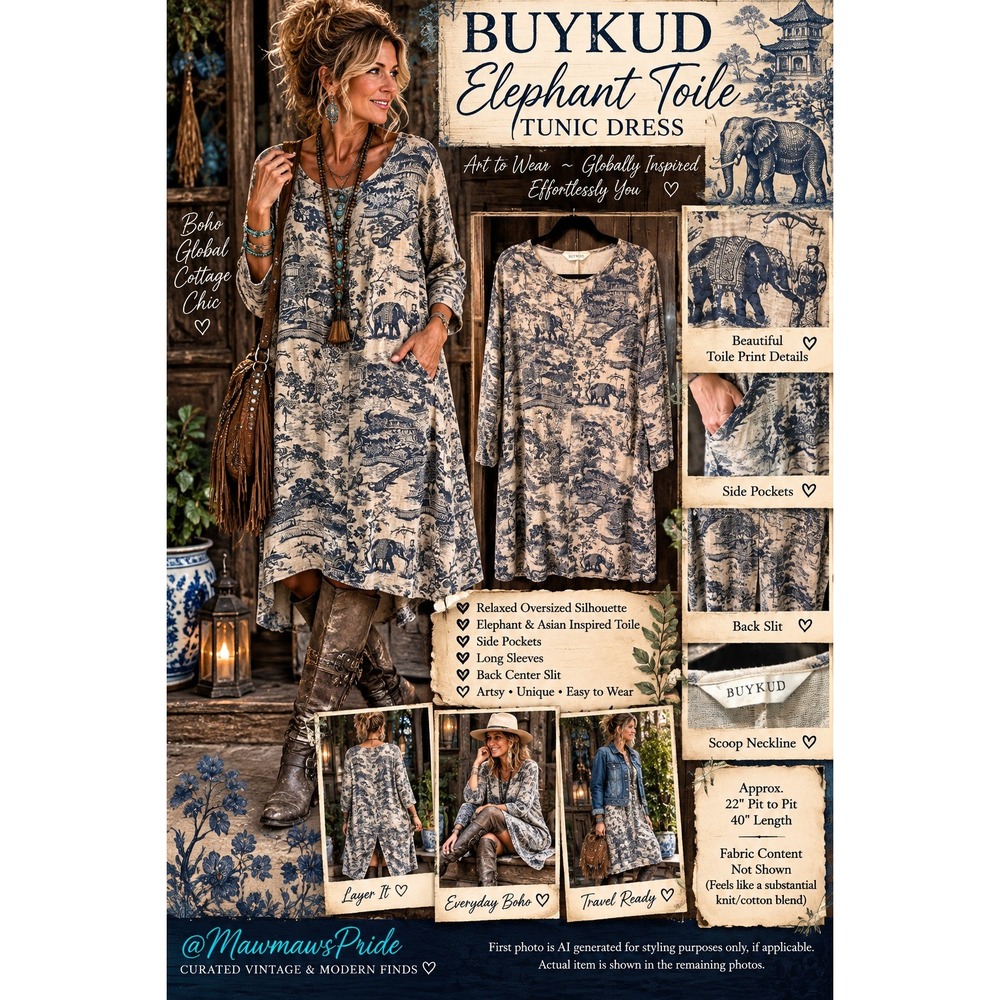 BUYKUD Elephant Toile Tunic Dress Chinoiserie Lagenlook Art to Wear Pockets